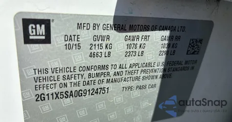 2016 Chevrolet Impala Ls z USA, uszkodzony, nr VIN 2G11X5SA0G9124751